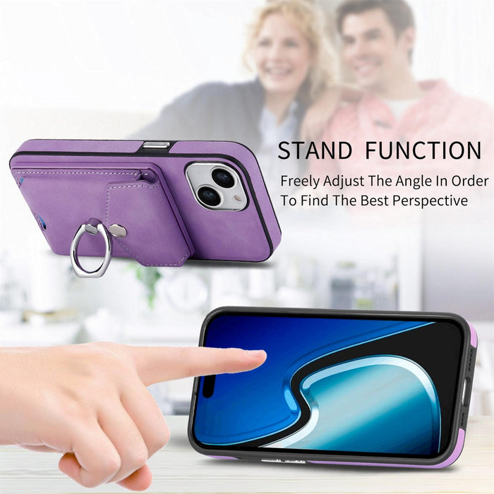 For Iphone 15 Electroplating Skin-Feel Leather Ring Card Wallet Phone Case