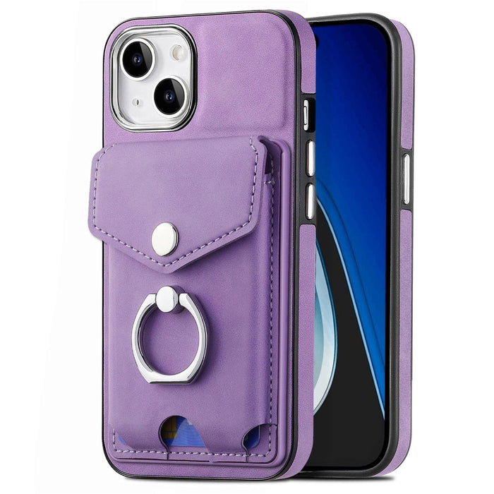 For Iphone 15 Electroplating Skin-Feel Leather Ring Card Wallet Phone Case