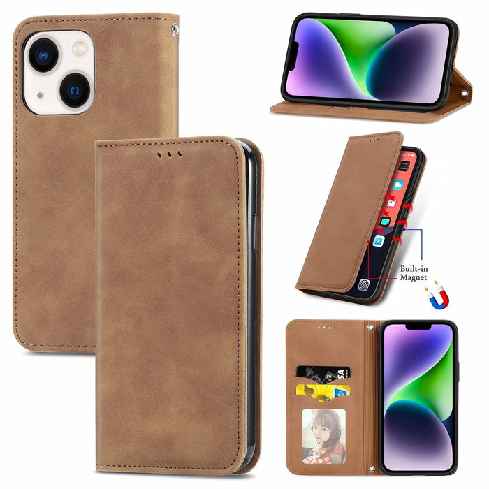 For Iphone 15 Retro Skin Feel Magnetic Flip Leather Phone Case