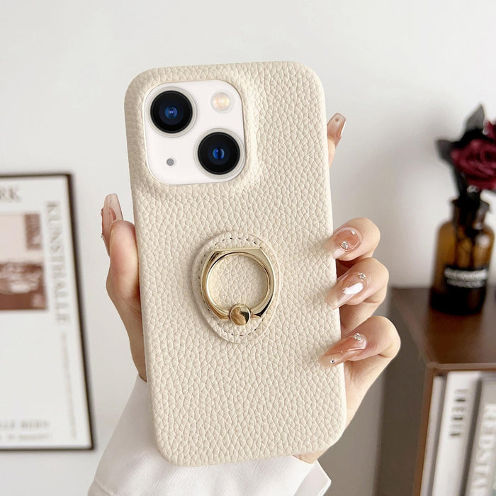 For Iphone 15 Litchi Texture Ring Holder Shockproof Phone Case