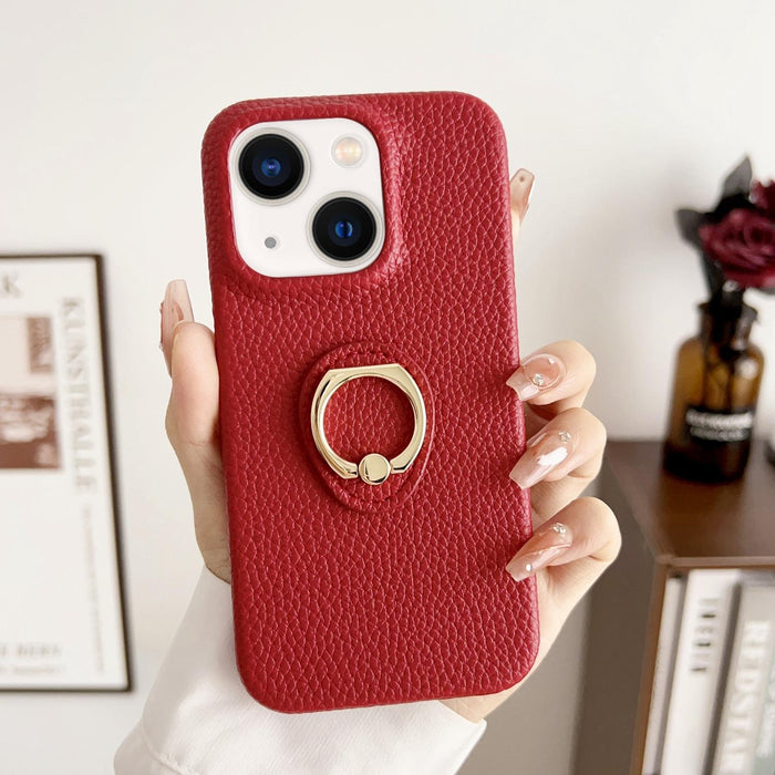 For Iphone 15 Litchi Texture Ring Holder Shockproof Phone Case