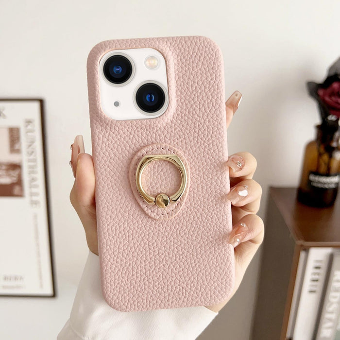For Iphone 15 Litchi Texture Ring Holder Shockproof Phone Case