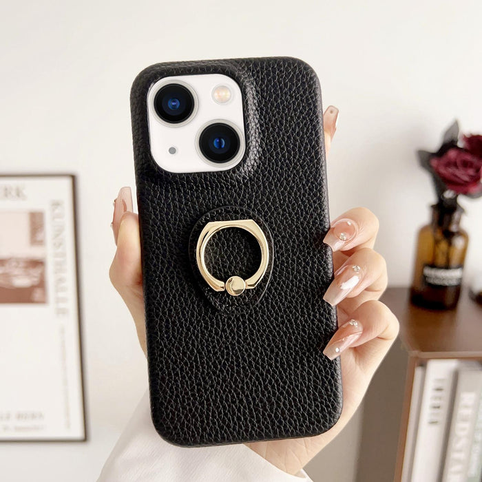 For Iphone 15 Litchi Texture Ring Holder Shockproof Phone Case