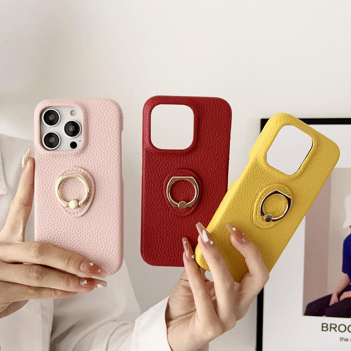 For Iphone 15 Litchi Texture Ring Holder Shockproof Phone Case