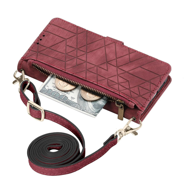 For Iphone 15 Geometric Zipper Wallet Side Buckle Leather Phone Case With Crossbody Lanyard