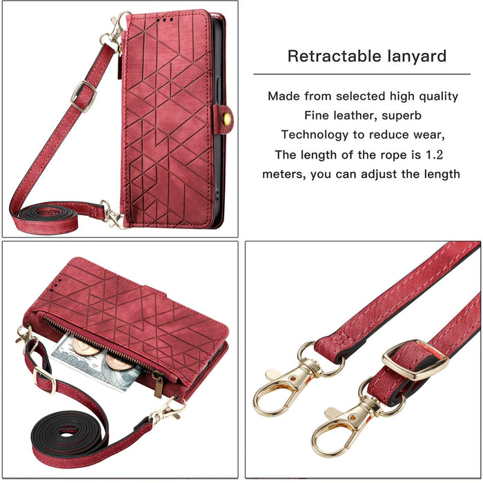For Iphone 15 Geometric Zipper Wallet Side Buckle Leather Phone Case With Crossbody Lanyard