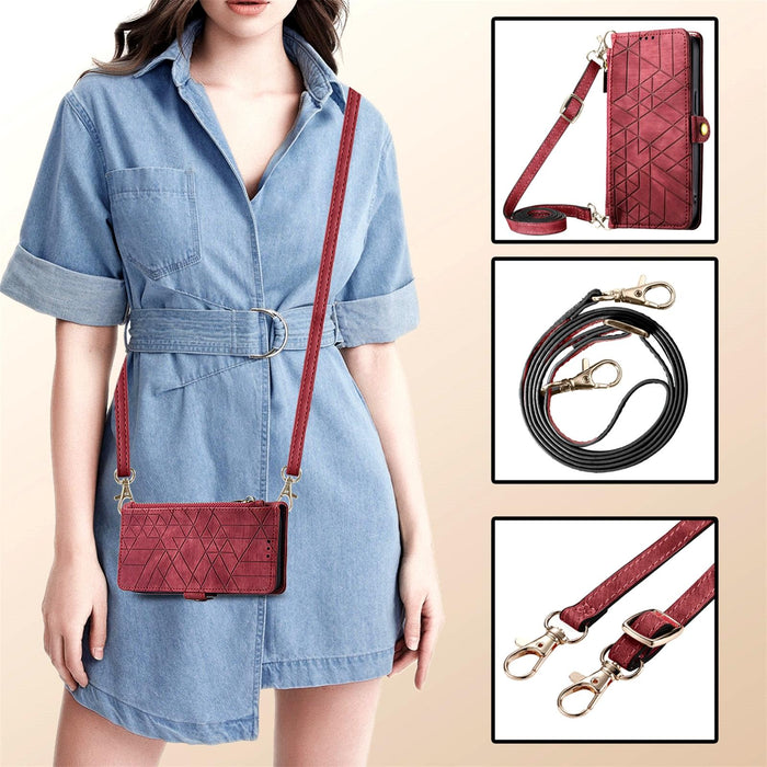 For Iphone 15 Geometric Zipper Wallet Side Buckle Leather Phone Case With Crossbody Lanyard