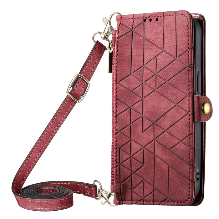 For Iphone 15 Geometric Zipper Wallet Side Buckle Leather Phone Case With Crossbody Lanyard