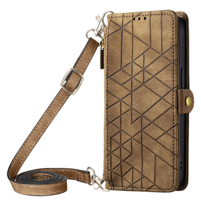 For Iphone 15 Geometric Zipper Wallet Side Buckle Leather Phone Case With Crossbody Lanyard