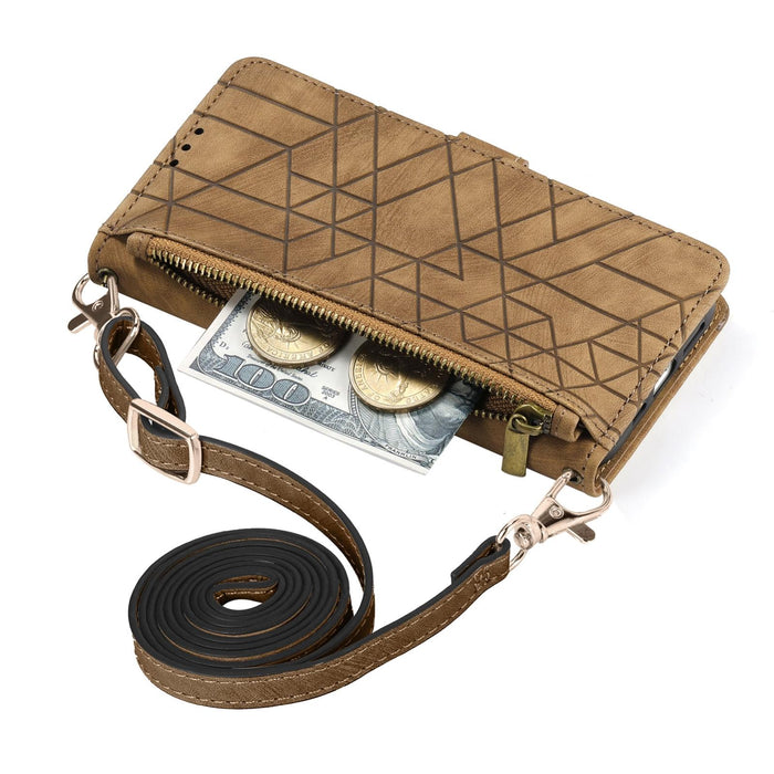 For Iphone 15 Geometric Zipper Wallet Side Buckle Leather Phone Case With Crossbody Lanyard