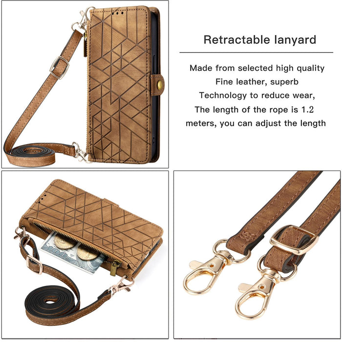 For Iphone 15 Geometric Zipper Wallet Side Buckle Leather Phone Case With Crossbody Lanyard