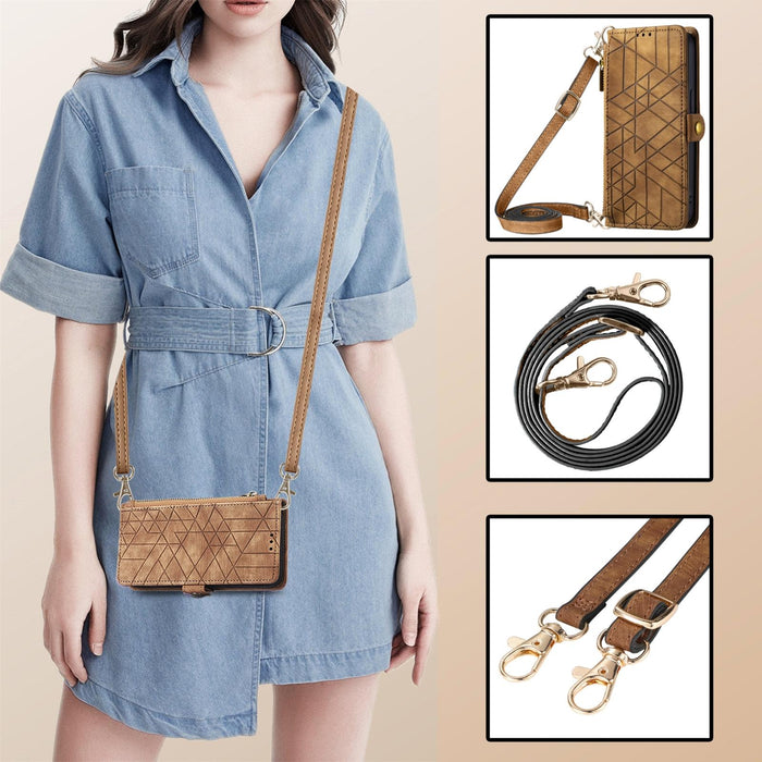 For Iphone 15 Geometric Zipper Wallet Side Buckle Leather Phone Case With Crossbody Lanyard