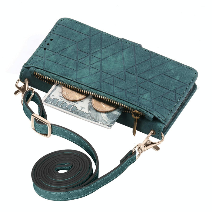 For Iphone 15 Geometric Zipper Wallet Side Buckle Leather Phone Case With Crossbody Lanyard