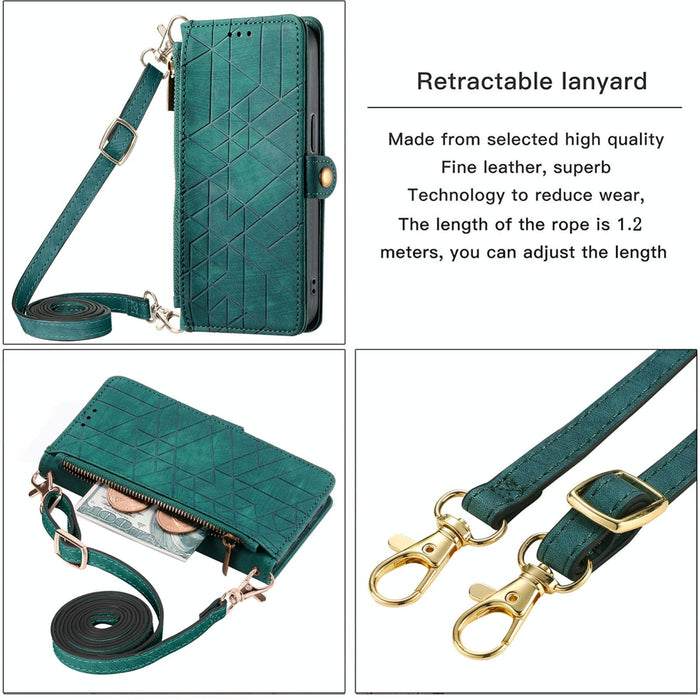 For Iphone 15 Geometric Zipper Wallet Side Buckle Leather Phone Case With Crossbody Lanyard