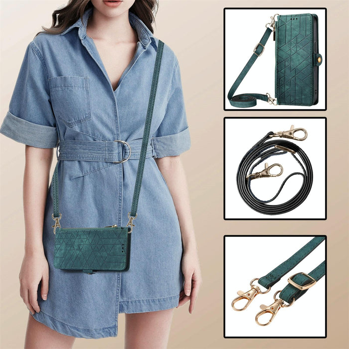 For Iphone 15 Geometric Zipper Wallet Side Buckle Leather Phone Case With Crossbody Lanyard