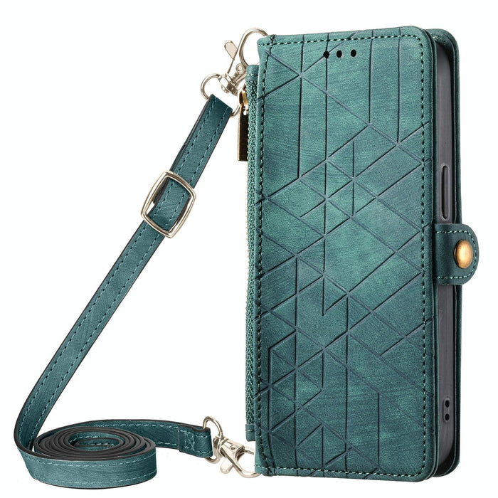 For Iphone 15 Geometric Zipper Wallet Side Buckle Leather Phone Case With Crossbody Lanyard