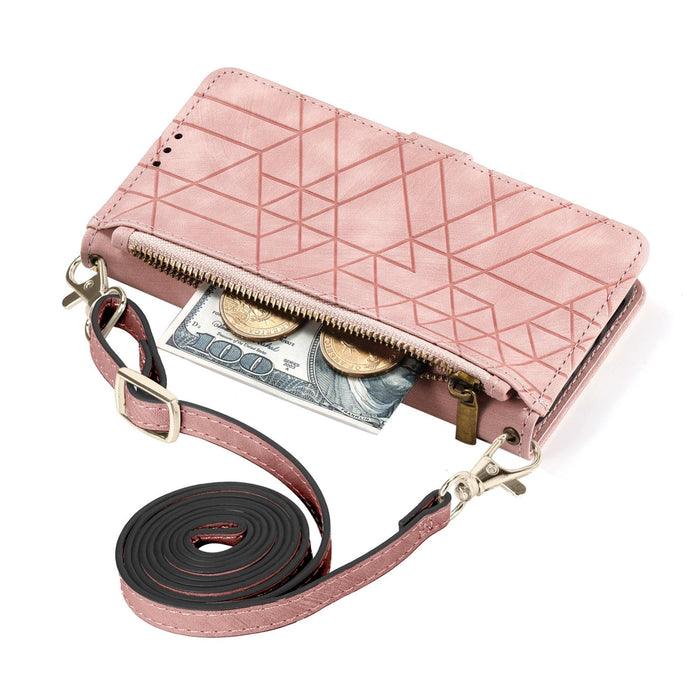 For Iphone 15 Geometric Zipper Wallet Side Buckle Leather Phone Case With Crossbody Lanyard