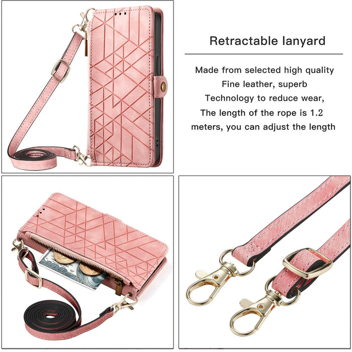 For Iphone 15 Geometric Zipper Wallet Side Buckle Leather Phone Case With Crossbody Lanyard