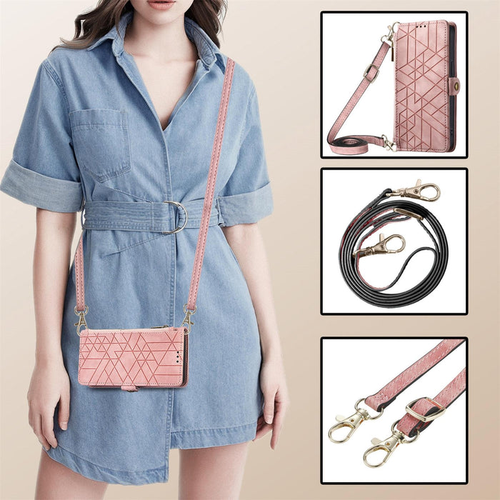 For Iphone 15 Geometric Zipper Wallet Side Buckle Leather Phone Case With Crossbody Lanyard