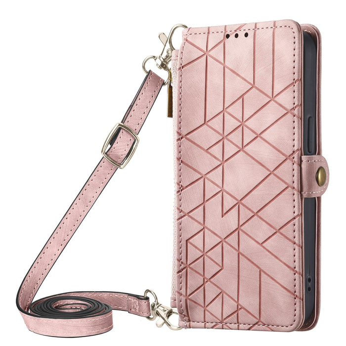 For Iphone 15 Geometric Zipper Wallet Side Buckle Leather Phone Case With Crossbody Lanyard