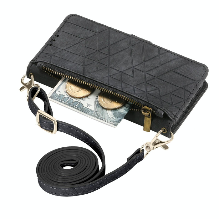 For Iphone 15 Geometric Zipper Wallet Side Buckle Leather Phone Case With Crossbody Lanyard