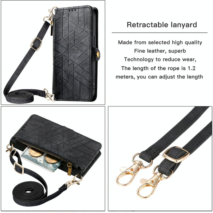 For Iphone 15 Geometric Zipper Wallet Side Buckle Leather Phone Case With Crossbody Lanyard