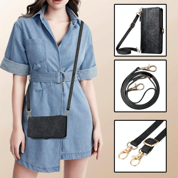 For Iphone 15 Geometric Zipper Wallet Side Buckle Leather Phone Case With Crossbody Lanyard