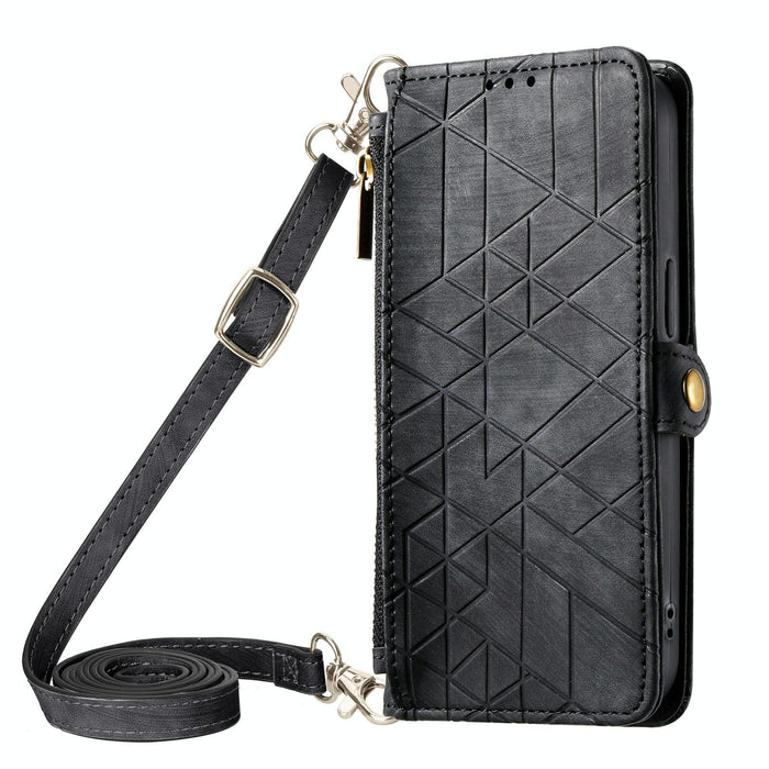 For Iphone 15 Geometric Zipper Wallet Side Buckle Leather Phone Case With Crossbody Lanyard