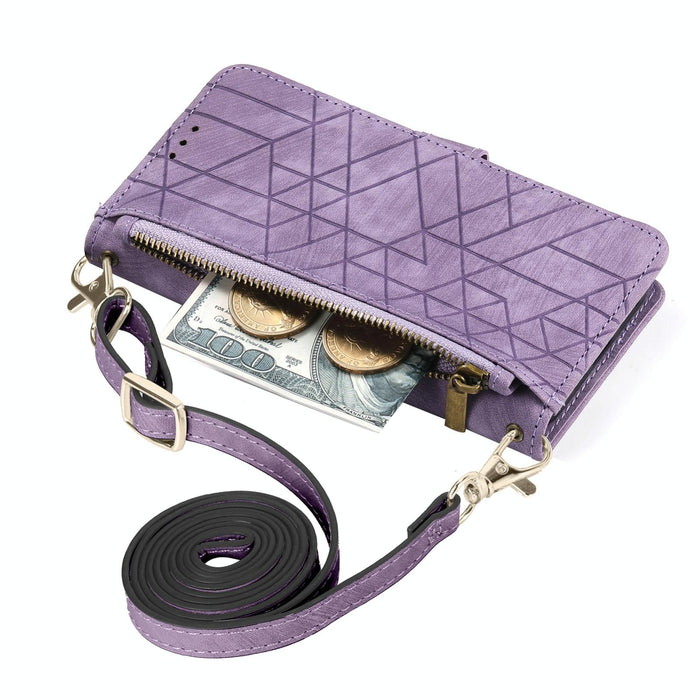 For Iphone 15 Geometric Zipper Wallet Side Buckle Leather Phone Case With Crossbody Lanyard