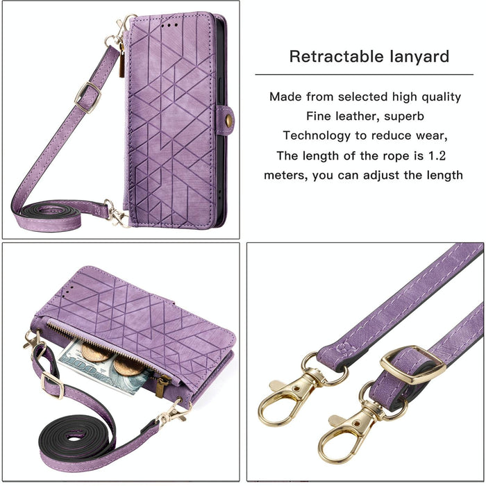 For Iphone 15 Geometric Zipper Wallet Side Buckle Leather Phone Case With Crossbody Lanyard