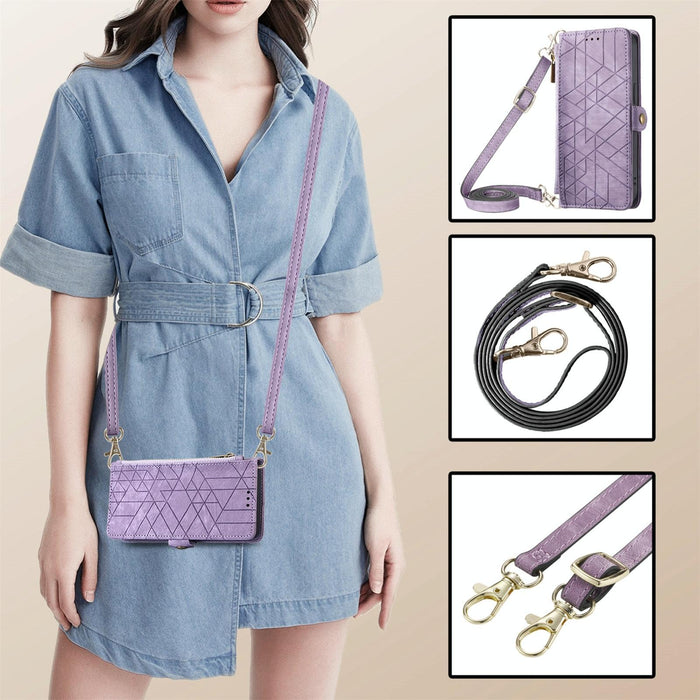 For Iphone 15 Geometric Zipper Wallet Side Buckle Leather Phone Case With Crossbody Lanyard