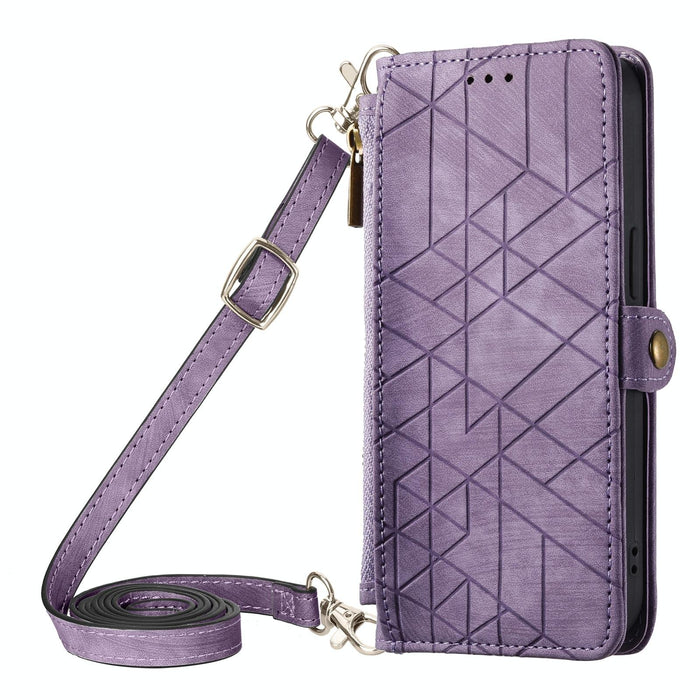 For Iphone 15 Geometric Zipper Wallet Side Buckle Leather Phone Case With Crossbody Lanyard