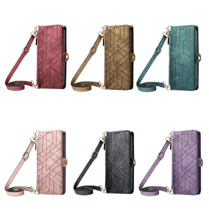 For Iphone 15 Geometric Zipper Wallet Side Buckle Leather Phone Case With Crossbody Lanyard