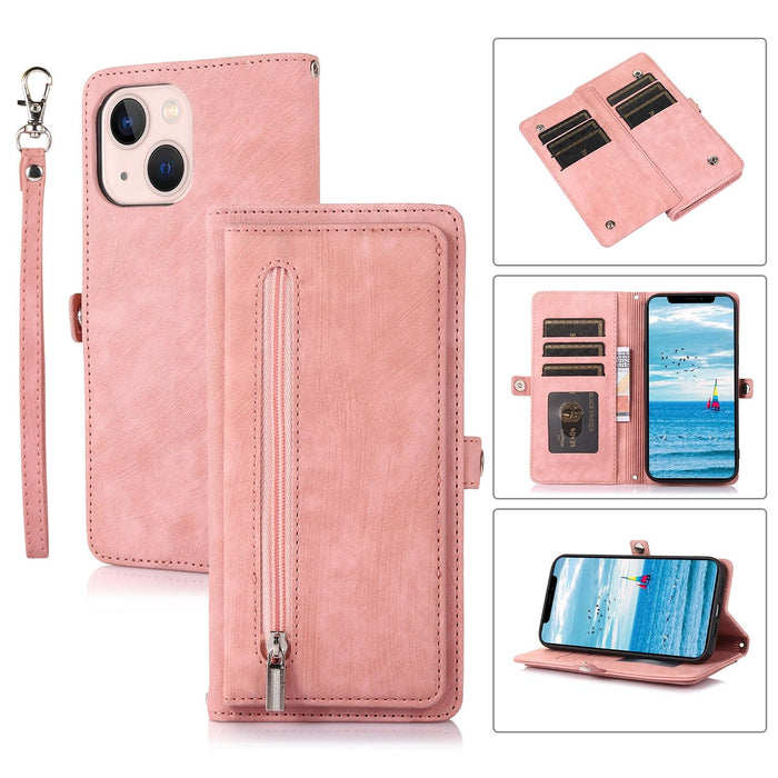 For Iphone 15 Zipper Card Slot Buckle Wallet Leather Phone Case
