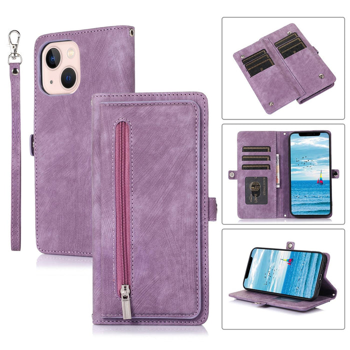 For Iphone 15 Zipper Card Slot Buckle Wallet Leather Phone Case
