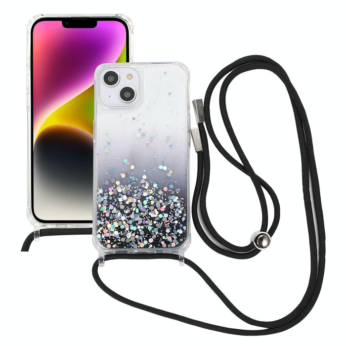 For Iphone 15 Gradient Glitter Epoxy Tpu Thickened Acrylic Phone Case With Round Neck Lanyard