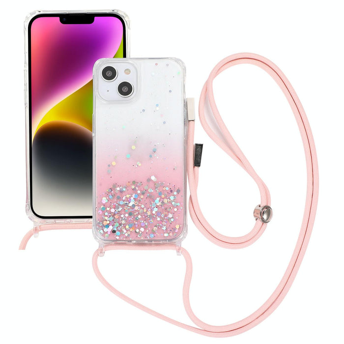 For Iphone 15 Gradient Glitter Epoxy Tpu Thickened Acrylic Phone Case With Round Neck Lanyard
