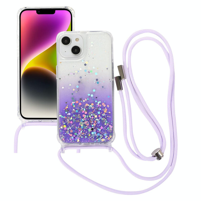 For Iphone 15 Gradient Glitter Epoxy Tpu Thickened Acrylic Phone Case With Round Neck Lanyard
