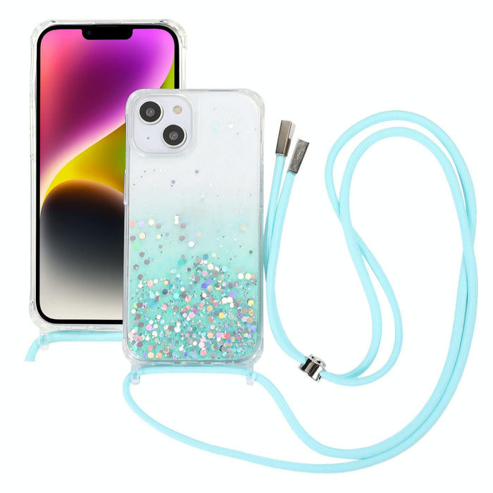 For Iphone 15 Gradient Glitter Epoxy Tpu Thickened Acrylic Phone Case With Round Neck Lanyard