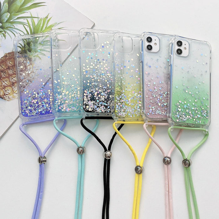 For Iphone 15 Gradient Glitter Epoxy Tpu Thickened Acrylic Phone Case With Round Neck Lanyard