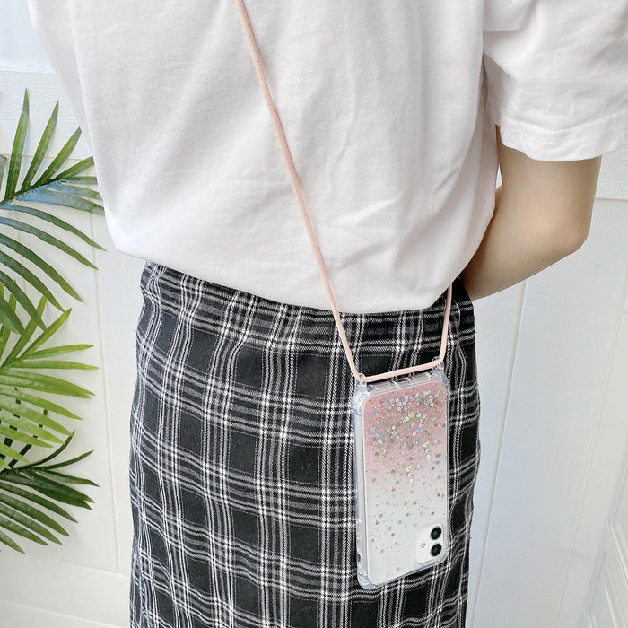 For Iphone 15 Gradient Glitter Epoxy Tpu Thickened Acrylic Phone Case With Round Neck Lanyard