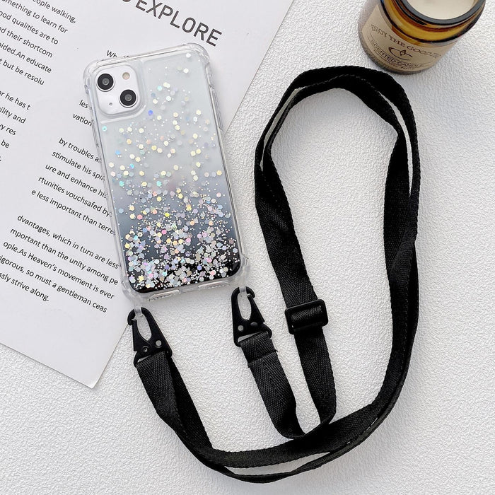 For Iphone 15 Gradient Glitter Epoxy Tpu Thickened Acrylic Phone Case With Wide Lanyard