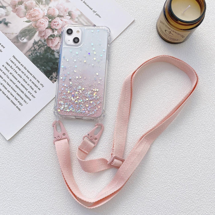 For Iphone 15 Gradient Glitter Epoxy Tpu Thickened Acrylic Phone Case With Wide Lanyard