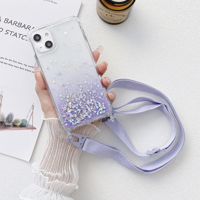 For Iphone 15 Gradient Glitter Epoxy Tpu Thickened Acrylic Phone Case With Wide Lanyard