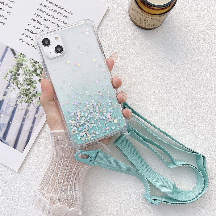 For Iphone 15 Gradient Glitter Epoxy Tpu Thickened Acrylic Phone Case With Wide Lanyard