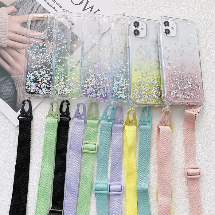 For Iphone 15 Gradient Glitter Epoxy Tpu Thickened Acrylic Phone Case With Wide Lanyard