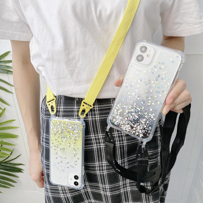 For Iphone 15 Gradient Glitter Epoxy Tpu Thickened Acrylic Phone Case With Wide Lanyard