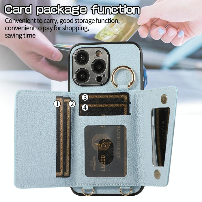 For Iphone 15 Crossbody Ring Wallet Leather Back Cover Phone Case