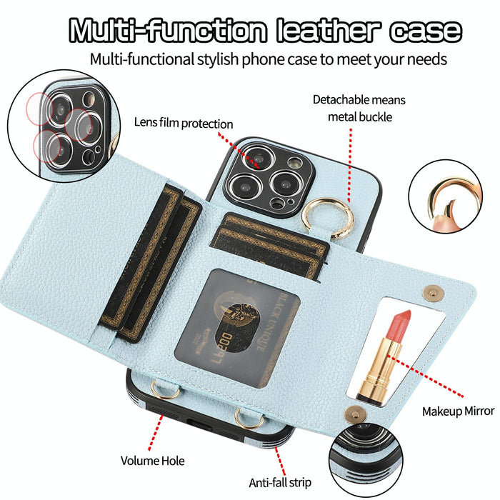 For Iphone 15 Crossbody Ring Wallet Leather Back Cover Phone Case