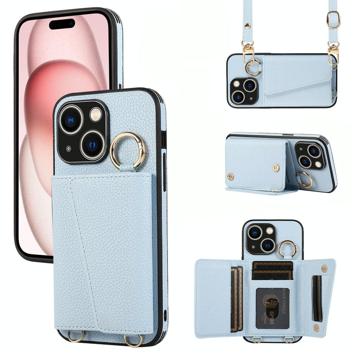 For Iphone 15 Crossbody Ring Wallet Leather Back Cover Phone Case